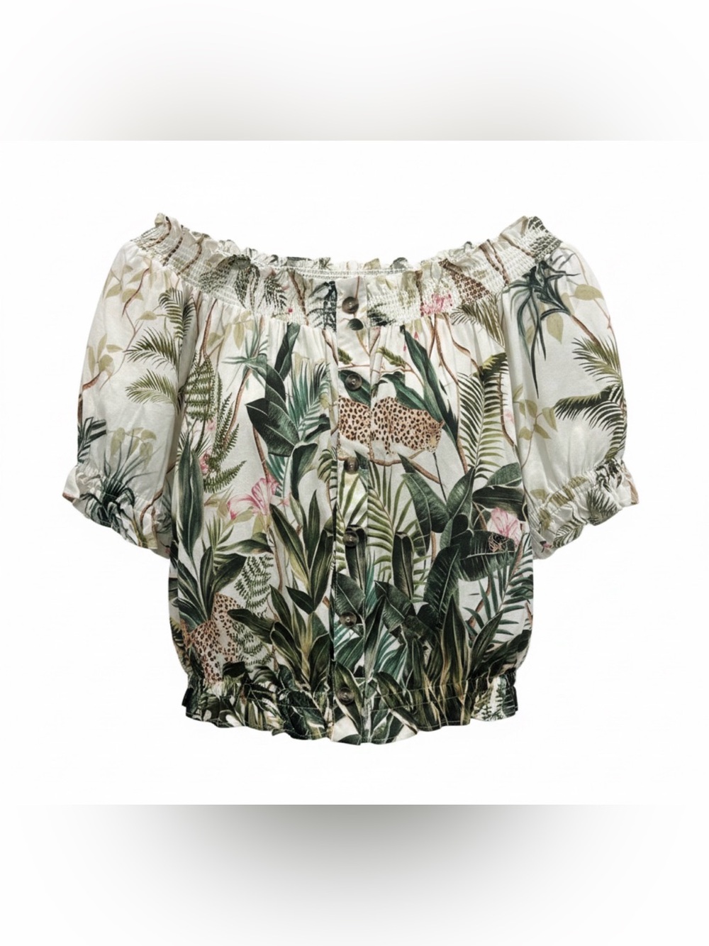 H&M White and Green Tropical Off-Shoulder Blouse